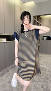RR fashion 条纹连衣裙女2024夏季短袖圆领直筒裙休闲短裙