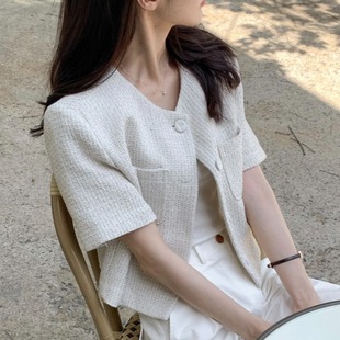 韩国chic夏季减龄法式小香风格子短袖，小外套女显瘦气质百搭开衫