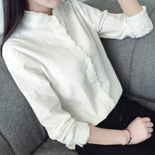 韩版文艺蕾丝花边镂空条纹，立领白衬衫女宽松纯棉清新加绒打底衬衣