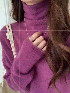 玫紫色堆堆领针织毛衣，秋冬季卷边高领，宽松软糯上衣女打底衫