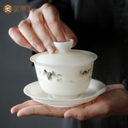 德化白瓷三才盖碗茶杯羊脂玉陶瓷单个茶碗高端茶具泡茶套装家用
