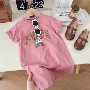 韩版童装女童短袖T恤裙2024年夏季洋气宝宝卡通印花中小童连衣裙