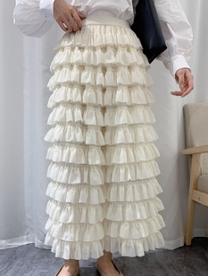 韩国早春小仙女蛋糕半身裙层层雪纺拼接高松紧(高松紧)腰甜美白色公主长裙