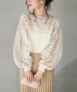包拼邮 日本 cawaii船领蕾丝镂空质感气质纯色秋冬针织衫毛衣