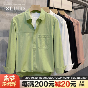 LUUD 今年很流行的果绿色衬衣青春纯棉文艺衬衫百搭纯色潮男长袖