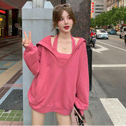 2023秋季女装韩版中长款宽松粉红色V领长袖套头连帽衫卫衣两件套
