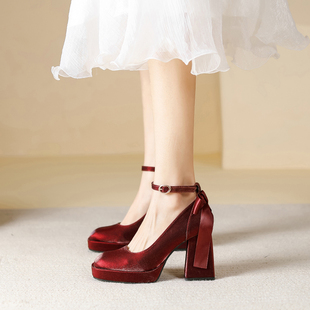 法式小个子超高跟鞋女粗跟红色，秀禾婚鞋新娘鞋2024春季款方头单鞋