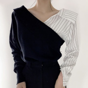 韩国chic春季小众设计感条纹拼接撞色假两件长袖针织衫上衣女