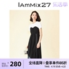 IAmMIX27短袖套头A字裙女个性撞色假两件拼接抽皱开衩圆领连衣裙
