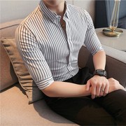 衬衫男夏季五分袖修身韩版休闲中袖寸英伦条纹七分袖衬衣男士帅气