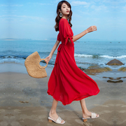 连衣裙女夏季2024红色，裙子雪纺长裙超仙仙女，海南三亚沙滩裙