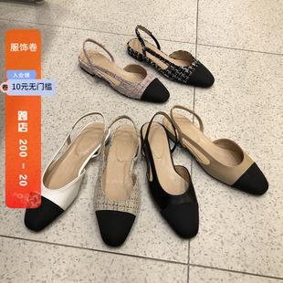 韩国女鞋2021名媛通勒格子拼色小圆头侧镂空低跟方跟单鞋