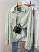 绿色法式棉麻休闲防晒长袖衬衫，女夏季薄款小个子，空调开衫外套上衣