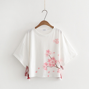 古风短袖上衣女夏季中国风樱花流苏系带，汉元素甜美学生女装t恤