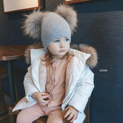 秋冬季浅灰色安哥拉兔绒男女宝宝护耳帽子，1-6岁儿童貉子大毛球帽