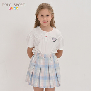 Polo Sport女童短袖T恤2023夏季中大童印花可爱翻领上衣T恤衫