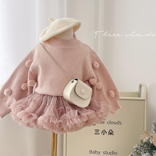 女童tutu裙套装秋冬季洋气宝宝奶茶色兔兔蓬蓬公主裙儿童毛衣上衣