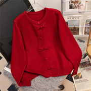 圆领蝴蝶结针织开衫，女秋冬龙年新年红色，中国风毛衣外套上衣