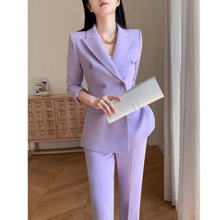紫色休闲西装套装女2024夏薄款高级感职业正装小个子西服外套