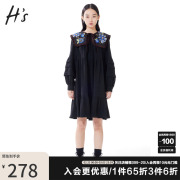 HS奥莱2022冬季女装商场同款黑色艺趣绣花娃娃领荷叶边连衣裙