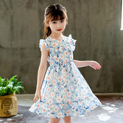 女童连衣裙夏季韩版中大童，无袖薄款碎花，裙女孩收腰雪纺背心裙
