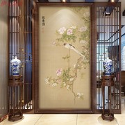 新中式无缝壁纸手绘玉兰，花鸟壁画玄关墙纸过道，书房客厅背景墙墙布