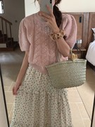 春季新法式少女粉色韩国圆领复古麻花短袖针织开衫短款上衣小个子