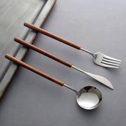 秋和岚匠 日式花梨木柄西餐具叉勺三件套304不锈钢家用汤勺叉子