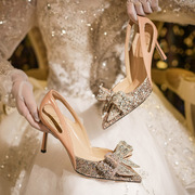 羊皮单鞋女2024年夏季百搭水钻蝴蝶结法式高跟鞋女细跟结婚鞋