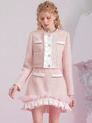 女歌手小香风粉色套装裙，冬季名媛范粗花呢圆领，上衣高腰羽毛半身裙