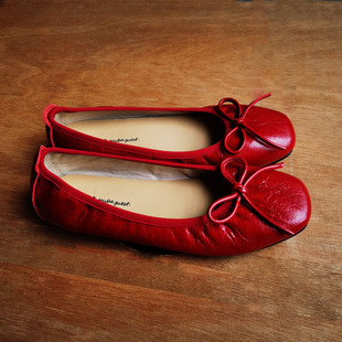 方头芭蕾舞鞋平底蝴蝶结舒适休闲浅口单鞋复古小红鞋，酒红色奶奶鞋