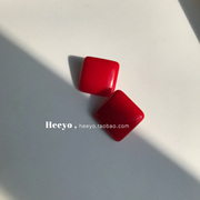 heeyo港风复古高级感大红色银，耳钉耳饰韩国气质，简约方形耳环耳夹