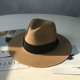 夏季可折叠草帽平檐草编沙滩，帽子英伦浅咖啡色遮阳亲子礼帽男女