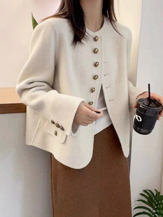 韩国东大门手缝双面羊绒大衣女，短款小个子单排扣圆领长袖毛呢外套