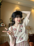 欣子野白茶玫瑰复古港风气质t恤设计感毛衣针织短袖上衣女