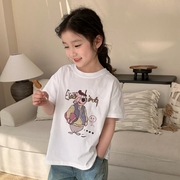 女童短袖T恤夏装2024韩版时髦儿童卡通印花半袖上衣打底衫潮