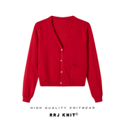 复古纯色v领短款扣子开衫薄款小口袋修身外套，本命年红色针织上衣
