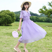 女童夏季连衣裙2023女孩，裙子洋气薄款雪纺裙，中大童紫色公主裙
