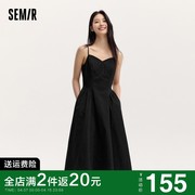 森马连衣裙女显瘦V领纯色优雅时尚2024夏法式复古纯棉吊带裙