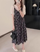 套装女2023夏韩版泡泡短袖，上衣+吊带碎花，雪纺吊带裙连衣裙女