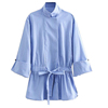 春夏蓝色条纹长袖，女衬衫系带收腰高腰，宽松休闲法式小立领衬衣