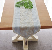31x170cm美式浅蓝色棉麻条纹桌旗法式复古金线刺绣钉珠蕾丝桌布