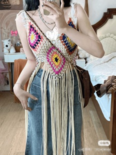 民族风波西米亚中长款手工编织针织吊带，流苏丽江度假旅拍罩衫女装