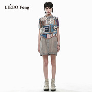 裂帛liebofeng商场同款2024设计师牛仔拼接宽松油，画风短袖连衣裙