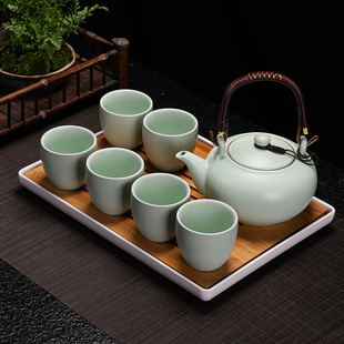汝窑茶具套装提梁壶，家用中式整套大号陶瓷茶壶，现代简约喝茶杯茶盘