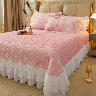 韩版粉色夹棉床单单件少女心蕾丝花边床罩裙公主风加厚床盖三件套