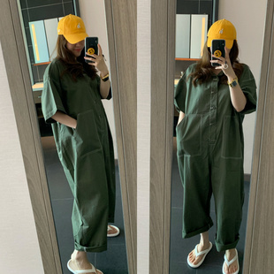 韩国2024春夏秋季女装，个性工装宽松军绿色连体衣裤