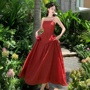 红色吊带连衣裙女夏海边度假长裙显白沙滩裙生日，礼服裙法式高级感