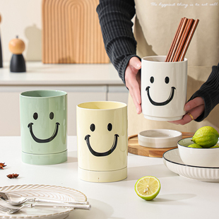 笑脸可爱筷子笼陶瓷筷篓家用厨房台面沥水收纳筷子桶大号筷桶单个