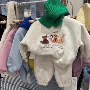 韩版童装2023冬装男女童休闲运动套装儿童卫衣加绒加厚裤子两件套